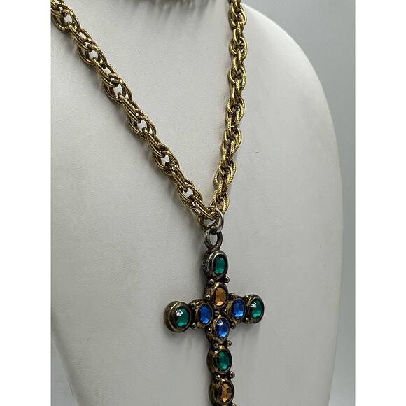 Multicolor Blue Yellow Green Multi stone Gold Tone Cross Long Pendant Necklace - Picture 7 of 8